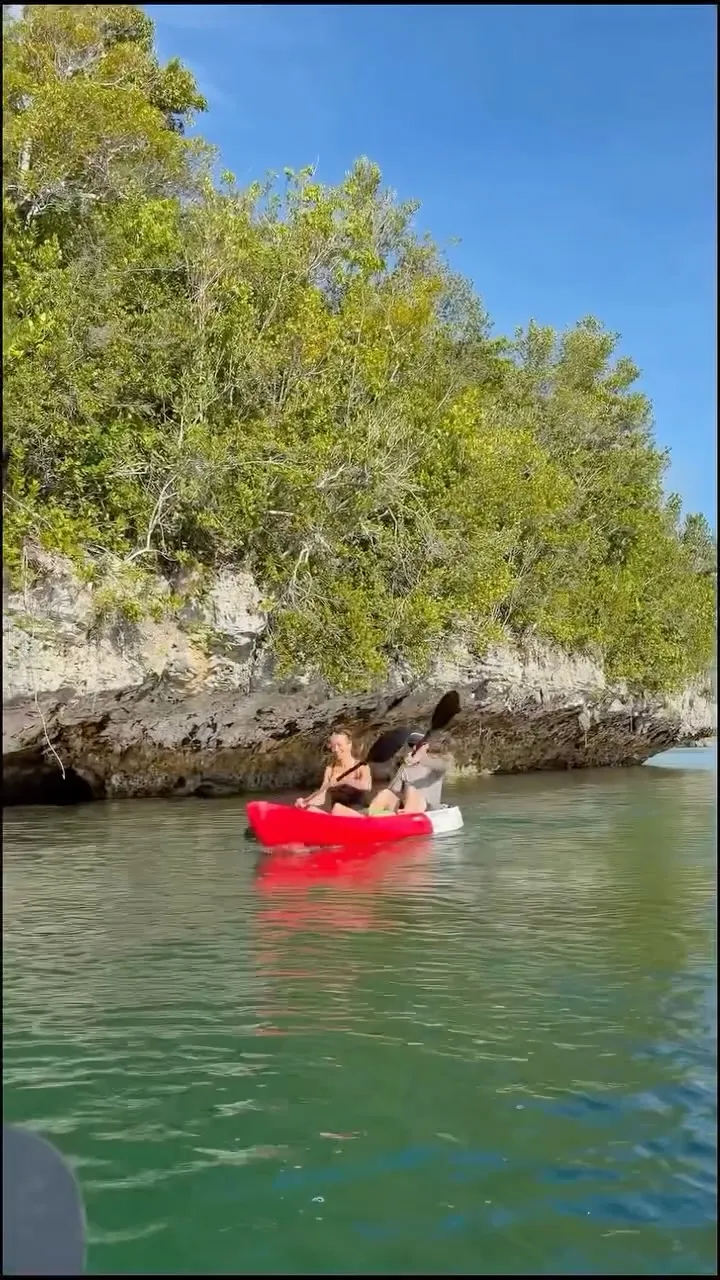 Two paddlers in a red kayak resting beside an undercut limestone cliff topped with green trees
