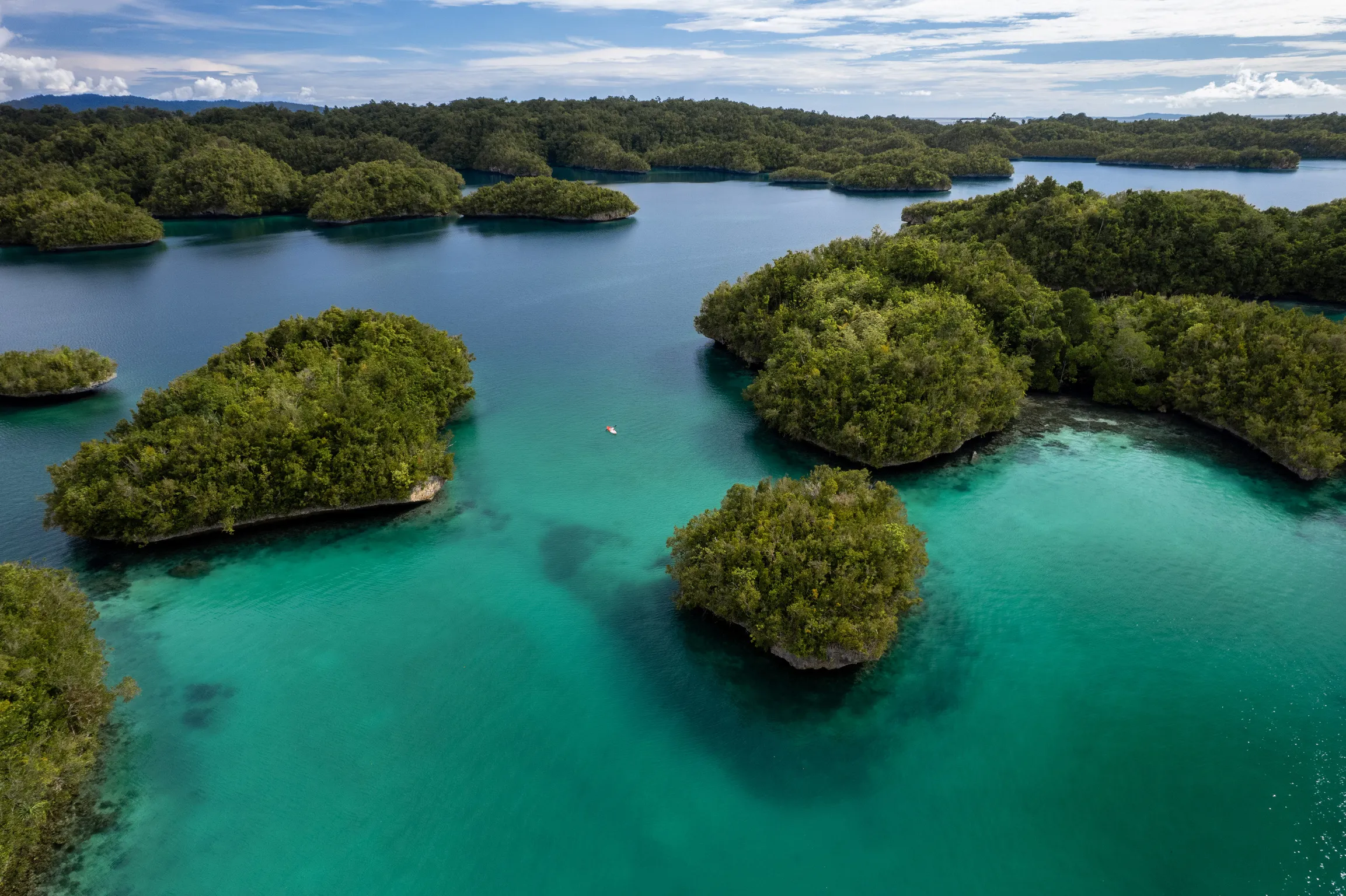 Aerial view of forested karst islets scattered across emerald and turquoise channels
