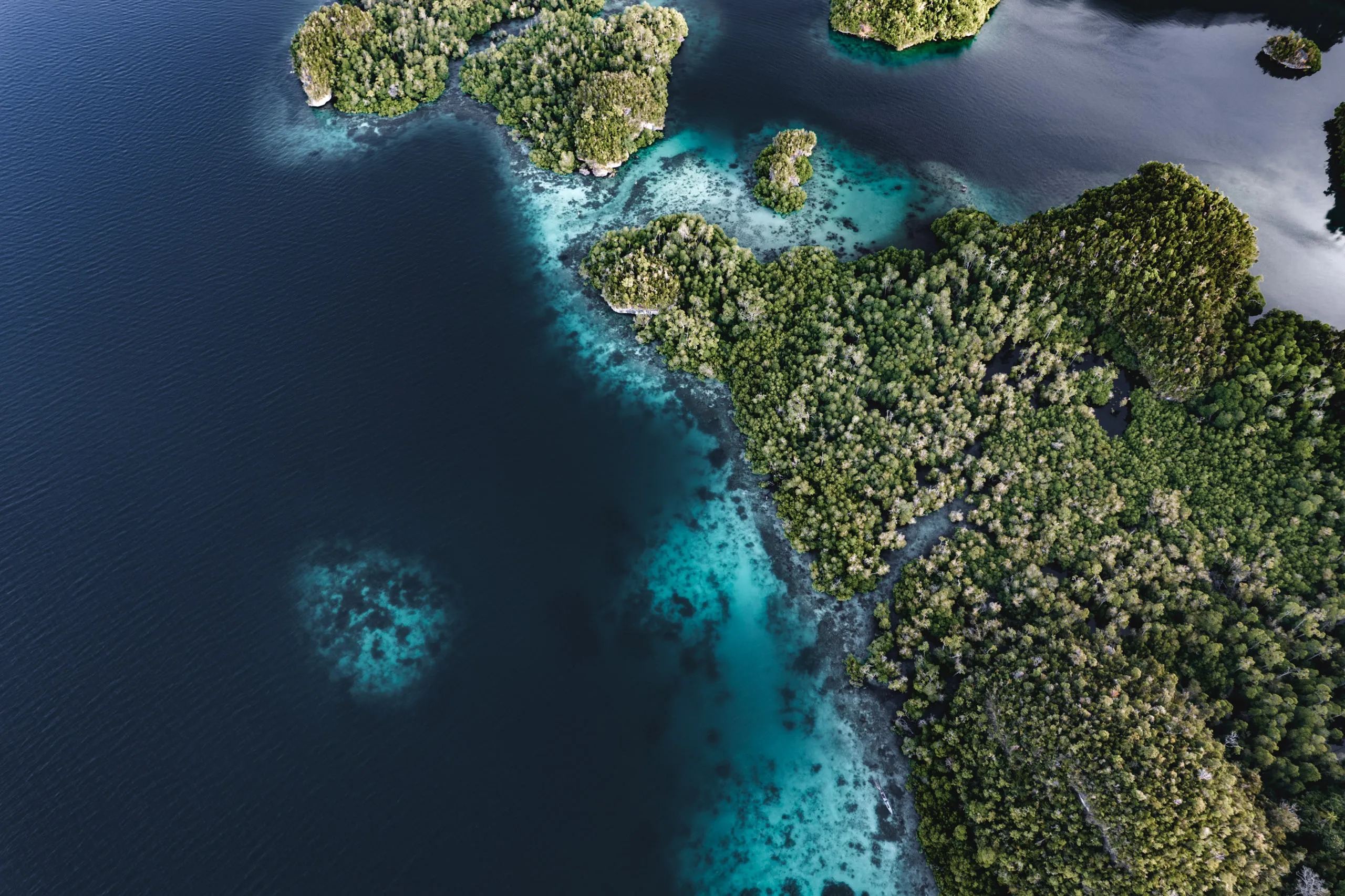 Aerial view of turquoise reef shallows and lagoons along a forested karst shoreline, deep blue water beyond